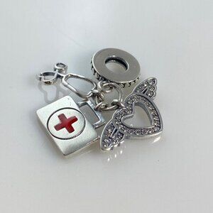 Doctor Nurse Frontline Hero Medical Bag Stethoscope Heart Charm Sterling Silver